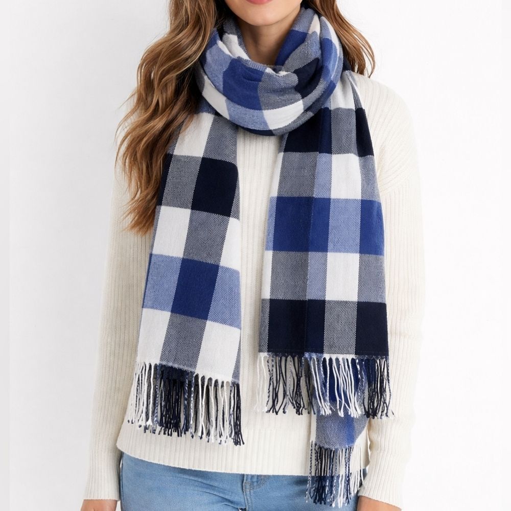 Banana Republic Women's Black Cobalt Blue Plaid Scarf